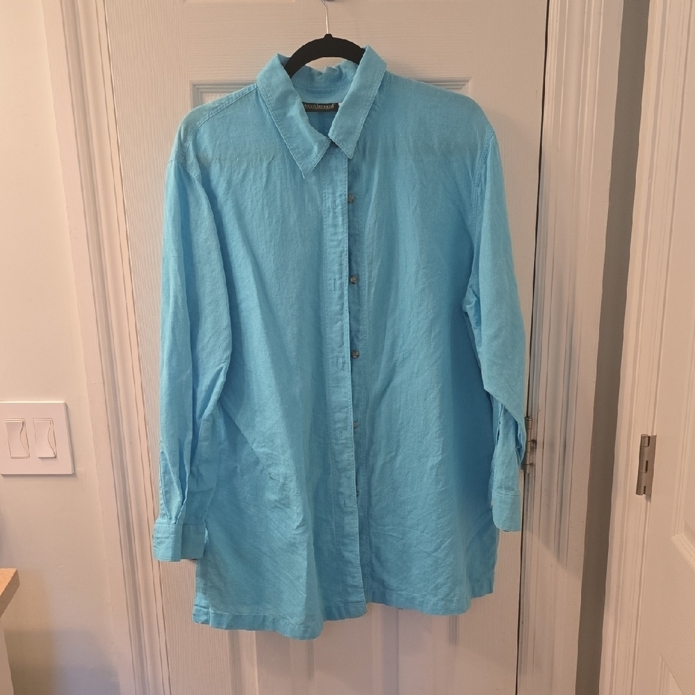 Harve Benard Sky Linen-Cotton Button Down Shirt / Tunic, Size 1X (0913)